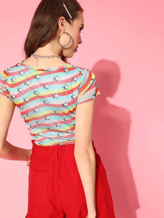 Women Multicolour Star Print Twisted Crop Top