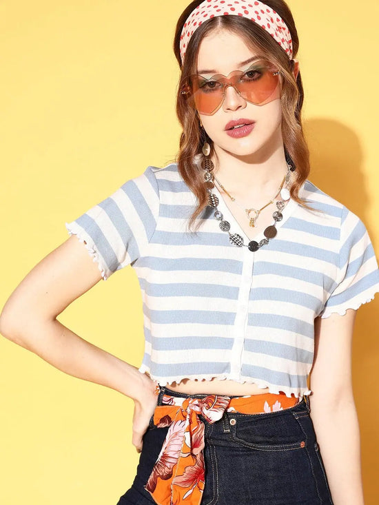 Women Blue & White Striped Front Open Crop T-Shirt