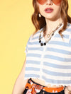 Women Blue & White Striped Front Open Crop T-Shirt