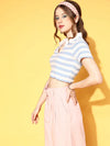 Women Blue & White Striped Crop Polo T-Shirt