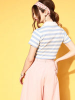 Women Blue & White Striped Crop Polo T-Shirt