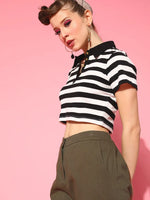 Women Black & White Striped Crop Polo T-Shirt