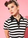 Women Black & White Striped Crop Polo T-Shirt