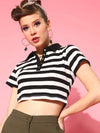 Women Black & White Striped Crop Polo T-Shirt