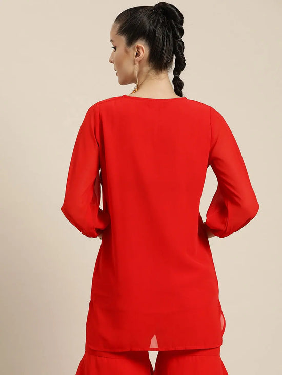 Women Red Round Yoke Foil Print Top