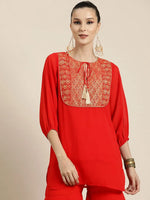 Women Red Round Yoke Foil Print Top