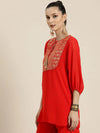 Women Red Round Yoke Foil Print Top