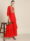 Women Red Round Yoke Foil Print Top