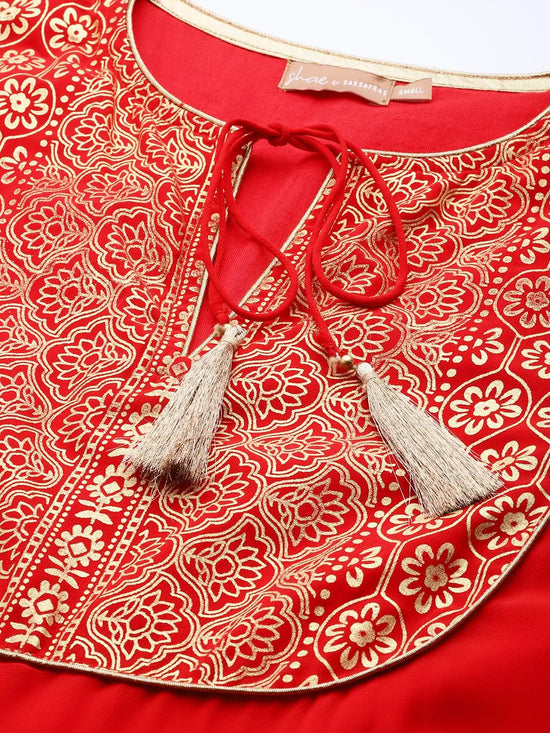 Women Red Round Yoke Foil Print Top