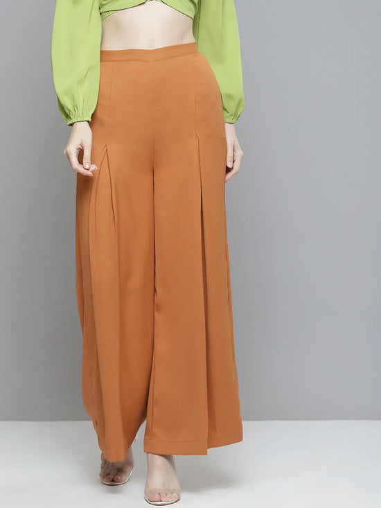 Women Rust Front Pleats Wide Leg Pants