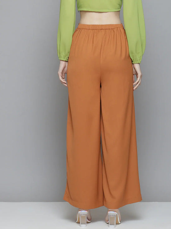 Women Rust Front Pleats Wide Leg Pants