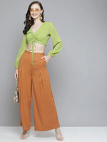 Women Rust Front Pleats Wide Leg Pants