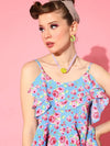 Women Blue Floral Strappy Layered Peplum Top