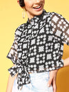 Women Black Organza Dot Print Tie-Knot Crop Top