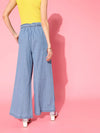 Women Ice Blue Denim Flared Belted Pants