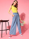 Women Ice Blue Denim Flared Belted Pants