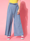 Women Ice Blue Denim Flared Belted Pants