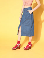 Women Blue Denim Front Slit Skirt