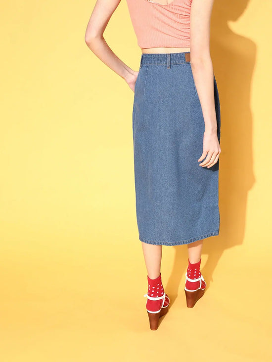 Women Blue Denim Front Slit Skirt