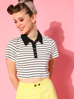 Women Black & White Thin Striped Crop Polo T-Shirt