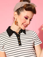 Women Black & White Thin Striped Crop Polo T-Shirt