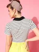 Women Black & White Thin Striped Crop Polo T-Shirt