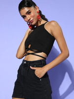 Women Black Waist Tie-Up Crop Top