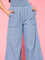 Women Ice Blue Denim Smocking Waist Flared Pants