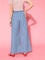 Women Ice Blue Denim Smocking Waist Flared Pants