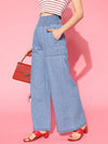 Women Ice Blue Denim Smocking Waist Flared Pants