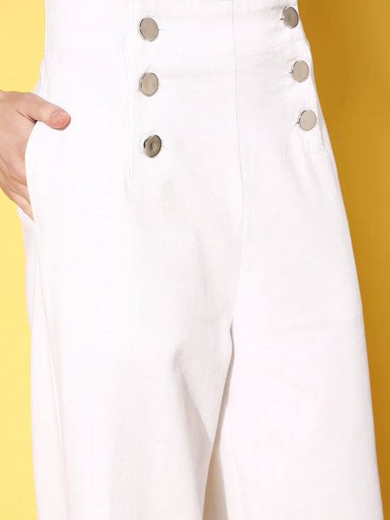 Women White Front Button Twill Straight Pants