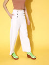 Women White Front Button Twill Straight Pants