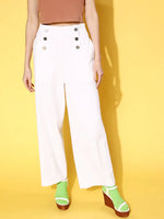 Women White Front Button Twill Straight Pants