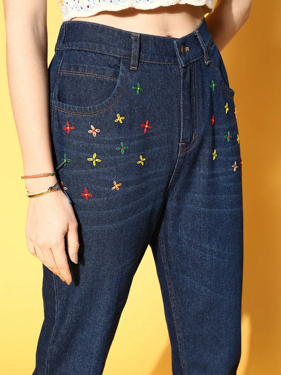 Women Teal Front Embroidered Jeans