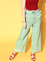 Women Sea Green Wide Leg Jeans