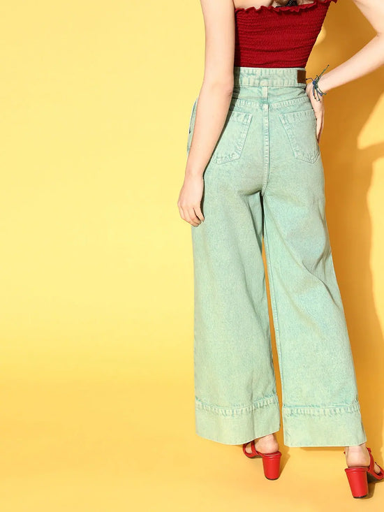 Women Sea Green Wide Leg Jeans