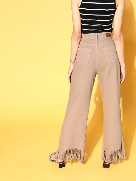 Women Taupe Fringed Bottom Jeans