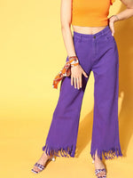 Women Purple Fringed Bottom Jeans