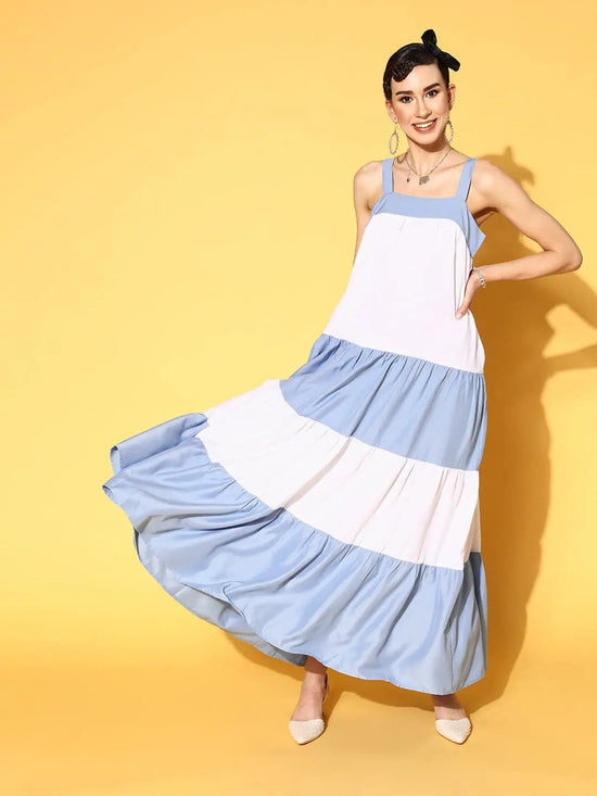 Women Blue & White ColourBlock Tiered Maxi Dress