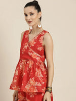 Women Red Floral Sleeveless Wrap Top