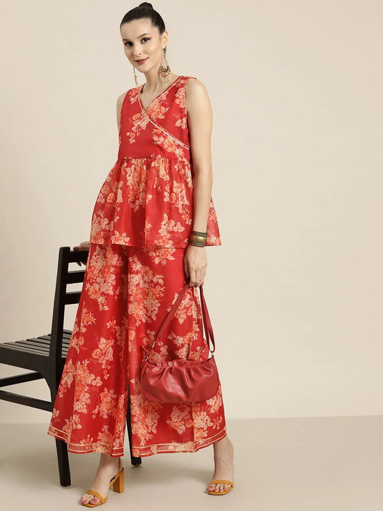 Women Red Floral Sleeveless Wrap Top