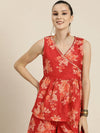 Women Red Floral Sleeveless Wrap Top