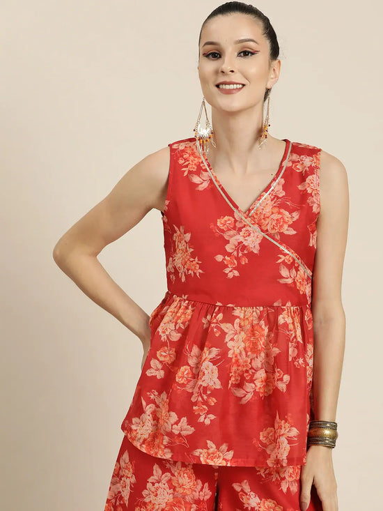 Women Red Floral Sleeveless Wrap Top