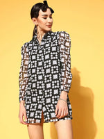 Women Black Organza Dot Prints Shirt Dress