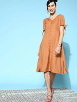 Women Brown Front Open Midi Dress