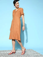 Women Brown Front Open Midi Dress