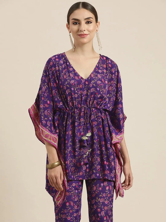 Women Purple Floral Short Kaftan Top