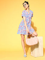 Women Blue Floral Front Button Dress