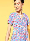 Women Blue Floral Front Button Dress