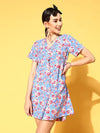 Women Blue Floral Front Button Dress